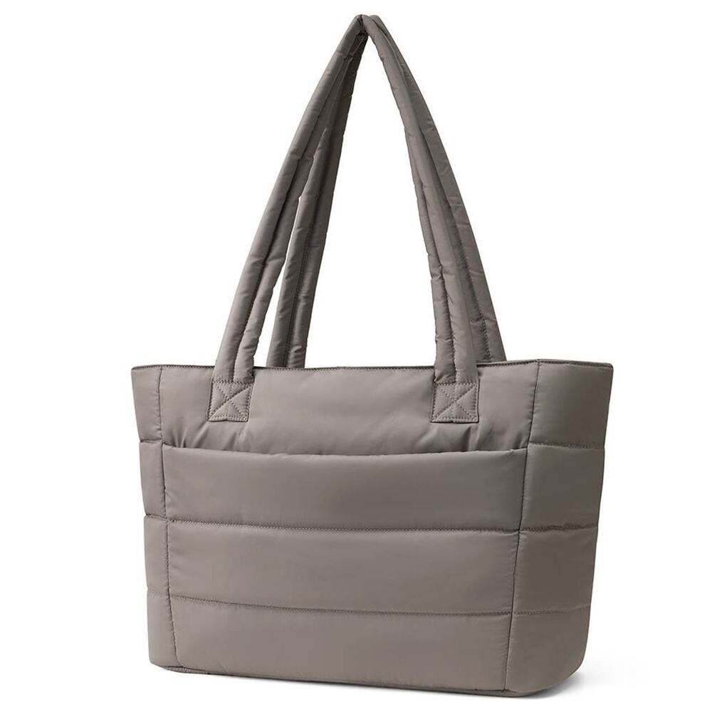 Aime Quilted Puffer Commuter Tote with Luggage Strap — Taupe Grey